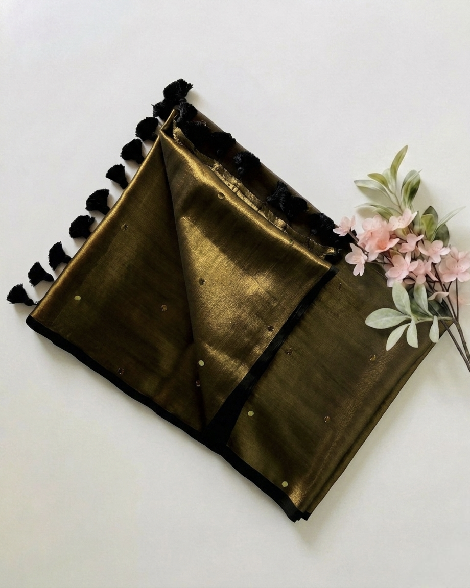 Pure Handloom Mul Tissue Saree Copper Gold with sequin motifs