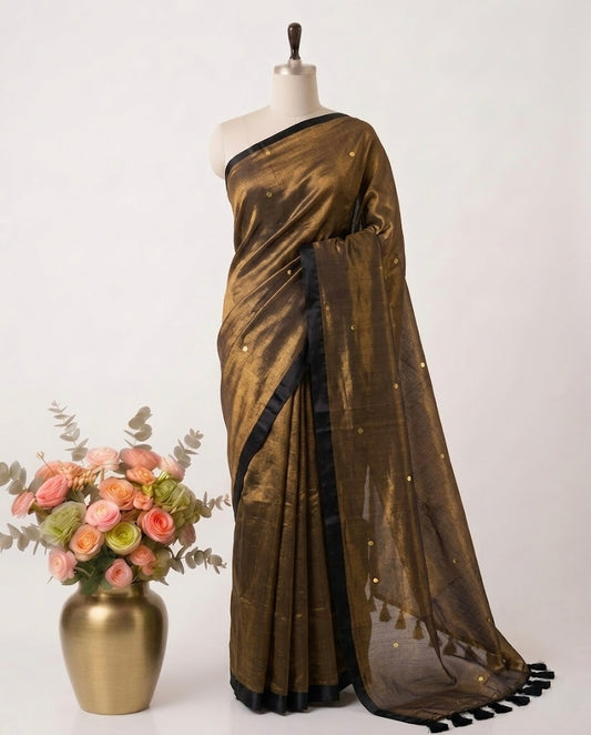Pure Handloom Mul Tissue Saree Copper Gold with sequin motifs