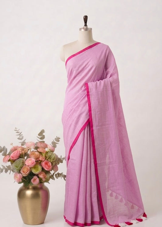 Pure Handloom Mul Cotton Baby Pink Plain 120 Count Saree