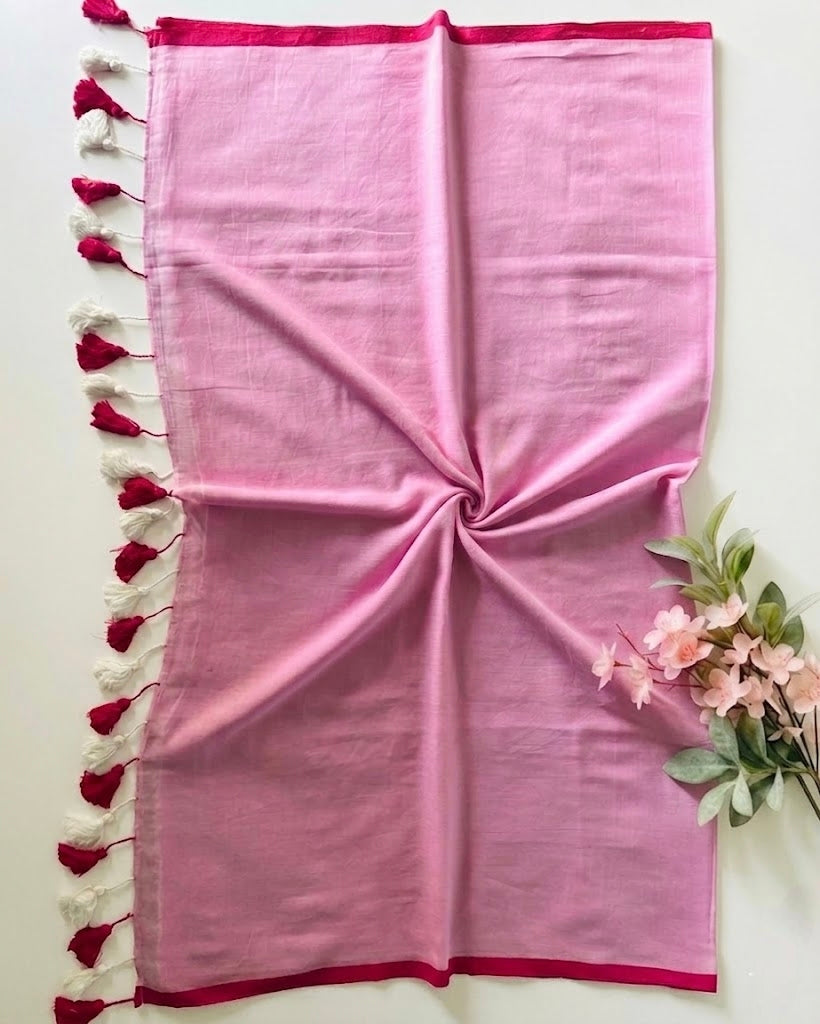 Pure Handloom Mul Cotton Baby Pink Plain 120 Count Saree