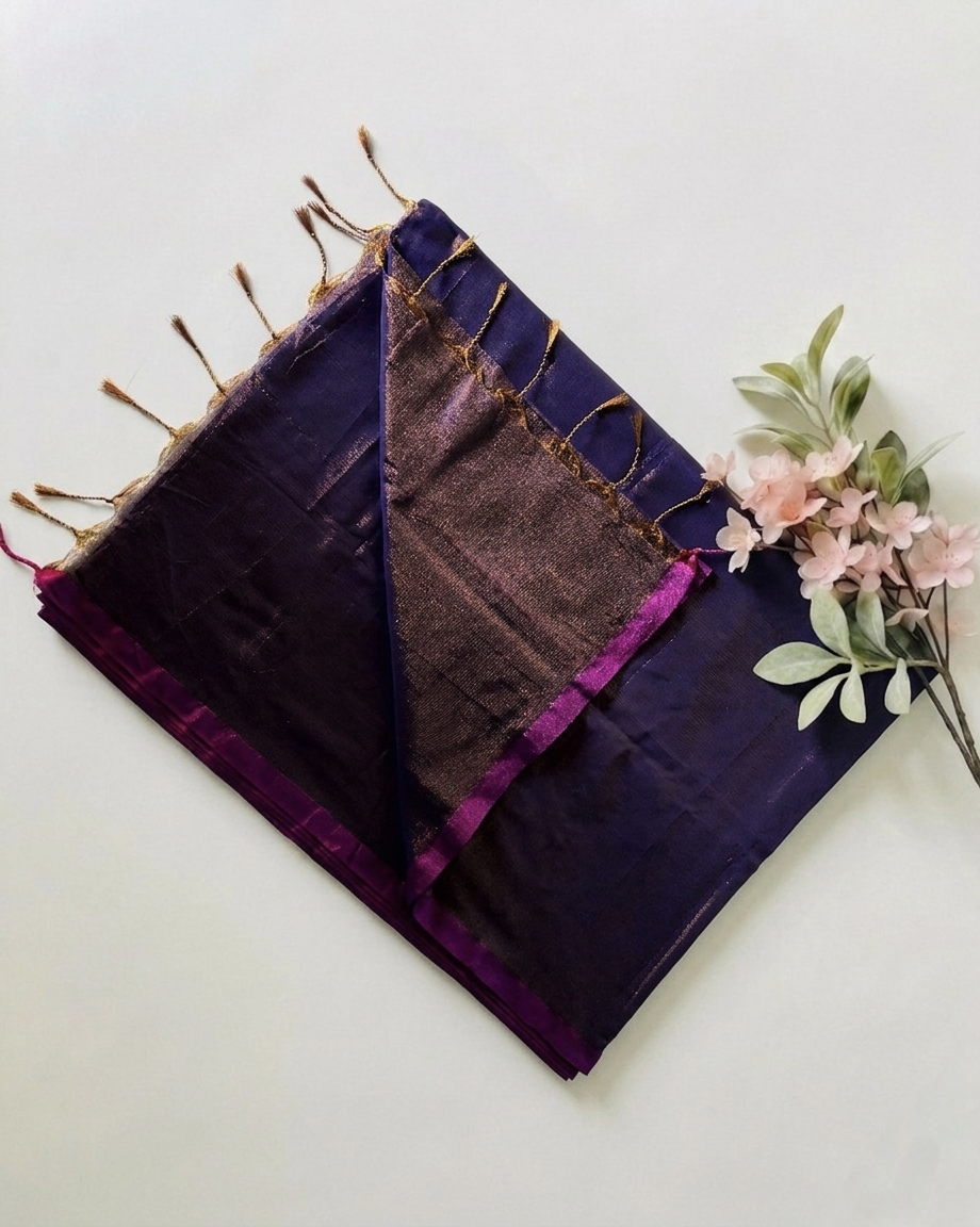 Pure Handloom Plane Mul Tissue Saree - Purple Lightweight Saree with Contrast Border