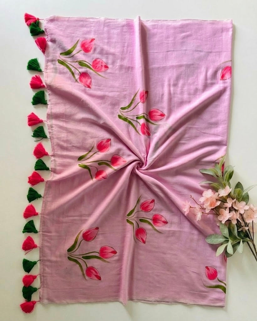 Pure Handloom Mul Cotton 120 Count Baby Pink Saree with Hand-Painted Tulip Motifs