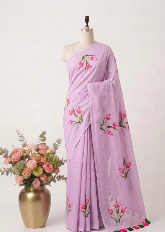 Pure Handloom Mul Cotton 120 Count Baby Pink Saree with Hand-Painted Tulip Motifs