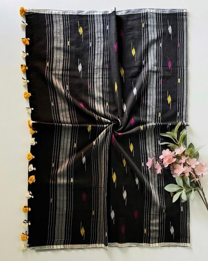 Pure Handloom Mul Cotton 120 Count Black Jamdani Saree Elegant weave