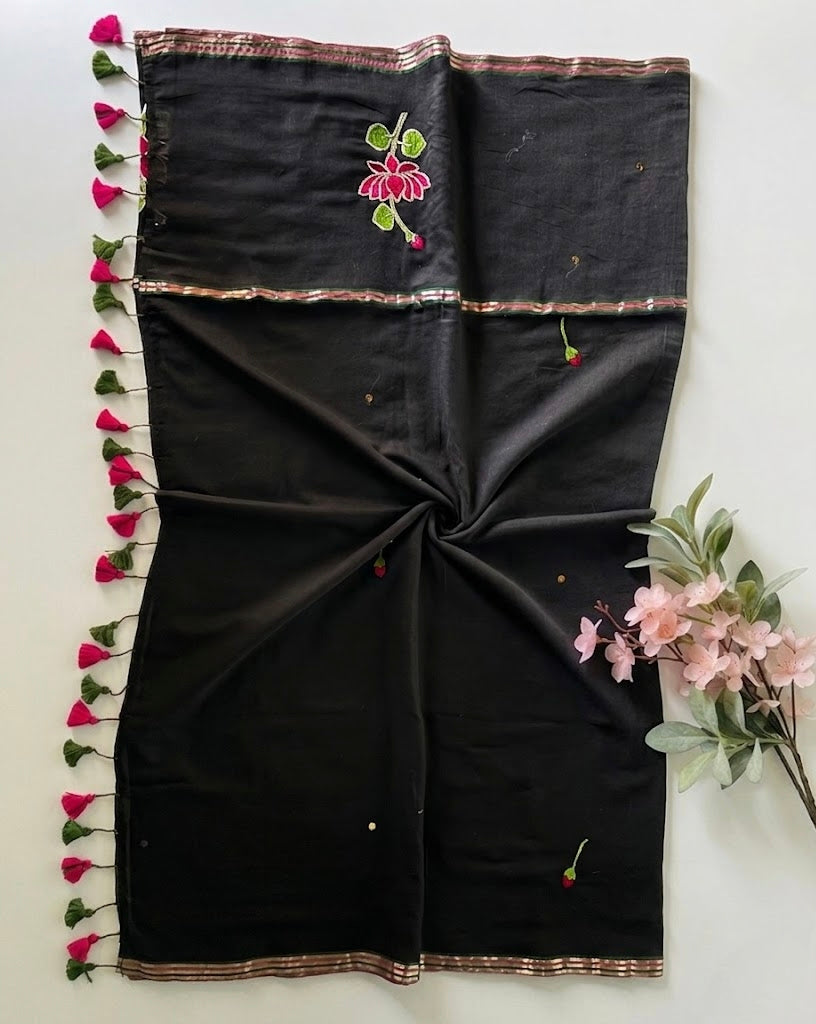 Pure Handloom Mul cotton 120 Count Black Saree with Gotta Patti