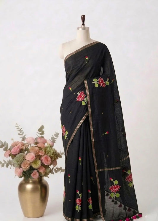 Pure Handloom Mul cotton 120 Count Black Saree with Gotta Patti