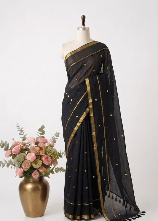 Pure Handloom Mul Cotton Saree – 120 Count Black Saree with Sequin Motifs
