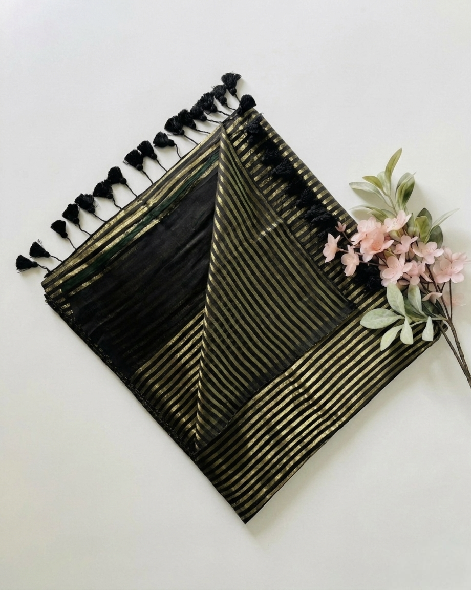 Pure Handloom Mul Cotton 120 Count Black Saree with Tissue Stripes