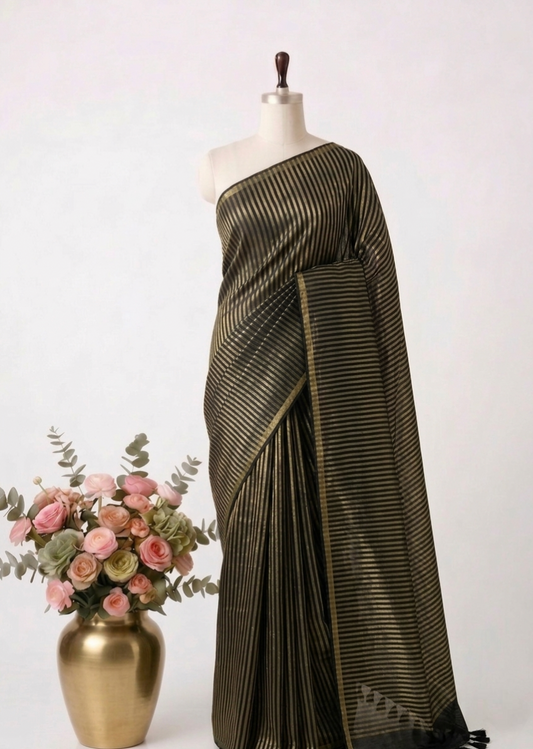 Pure Handloom Mul Cotton 120 Count Black Saree with Tissue Stripes
