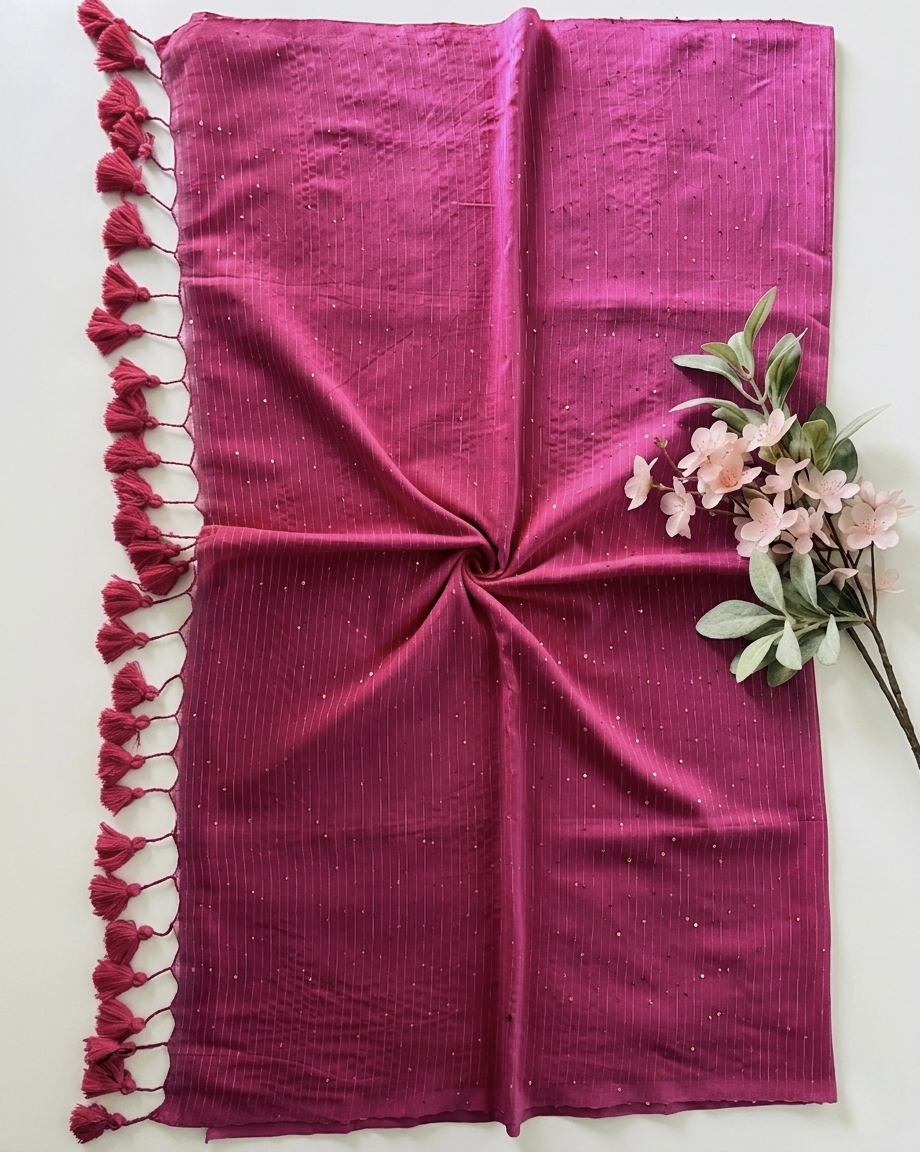 Pure Handloom Mul Cotton 120 Count Bright Pink Sequence Saree