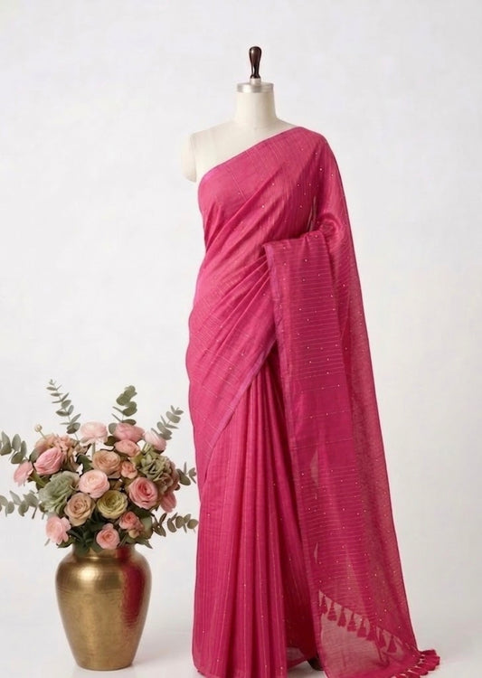 Pure Handloom Mul Cotton 120 Count Bright Pink Sequence Saree