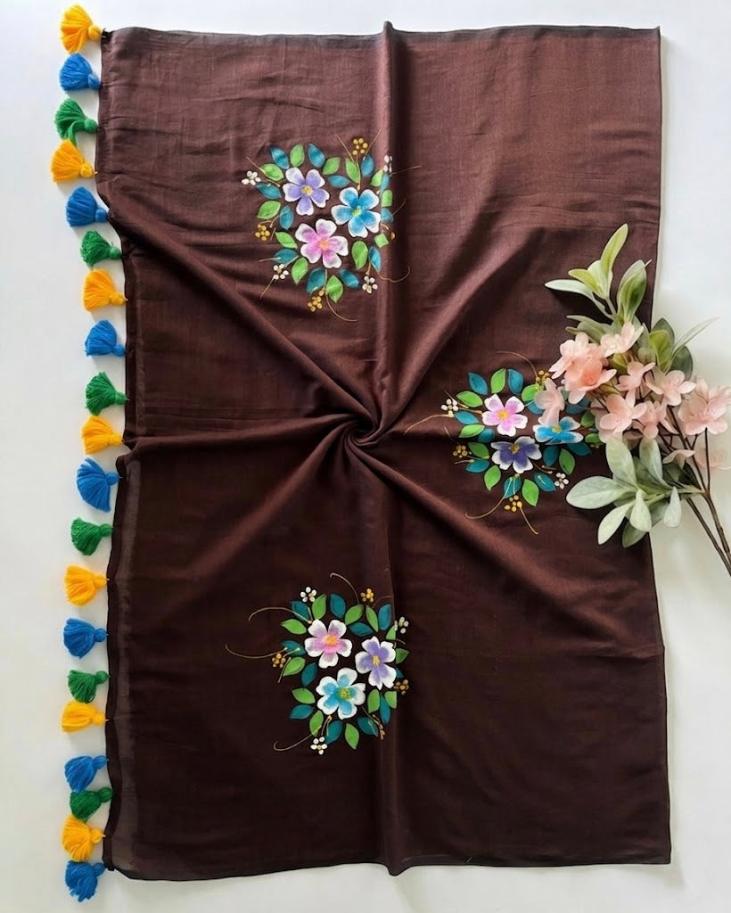 Pure Handloom Mul Cotton 120 Count Coffee Brown Hand Painted Saree