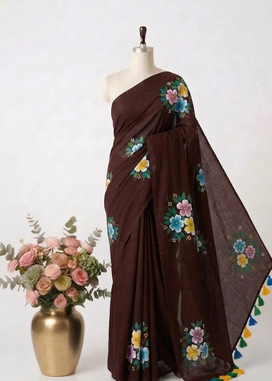 Pure Handloom Mul Cotton 120 Count Coffee Brown Hand Painted Saree