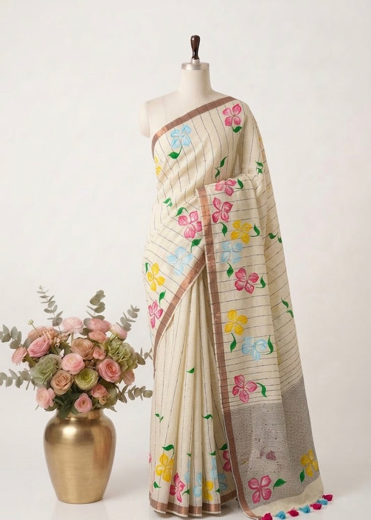 Pure Handloom Mul Cotton 120 Count Ivory Saree with Hand painted Floral Motifs
