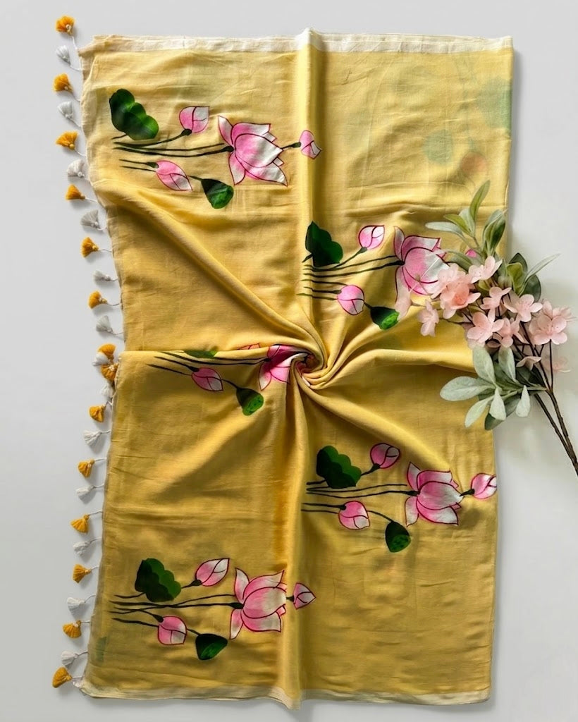Pure Handloom Mul Cotton 120 Count Lemon Yellow Handpainted Saree