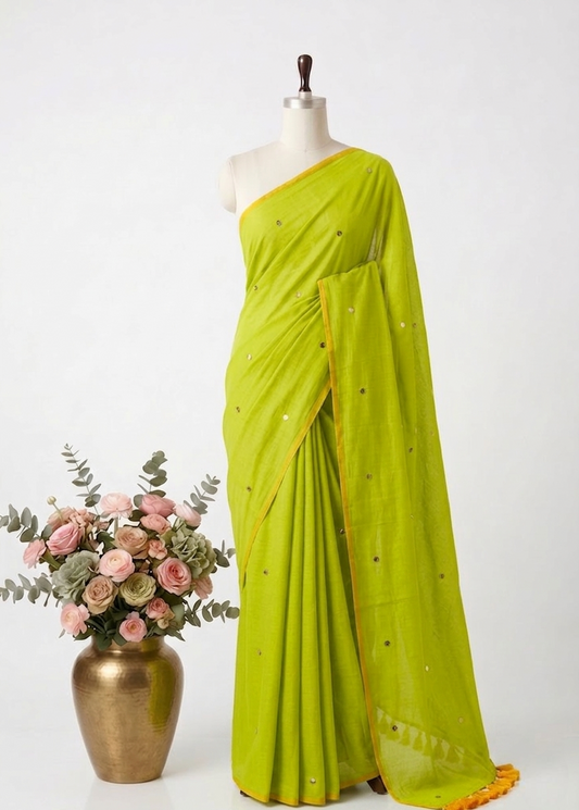 Pure Handloom Mul Cotton Saree – 120 Count Parrot Green With Sequin Motifs