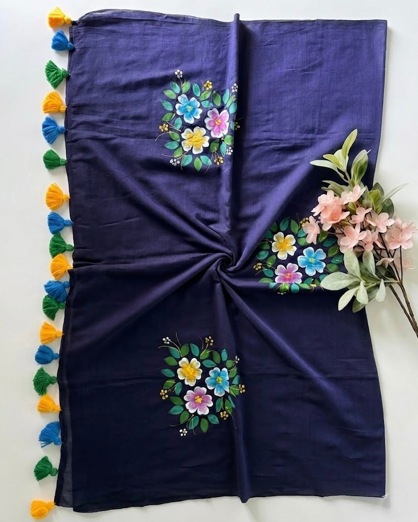 Pure Handloom Mul Cotton 120 Count Navy Blue Hand Painted Saree