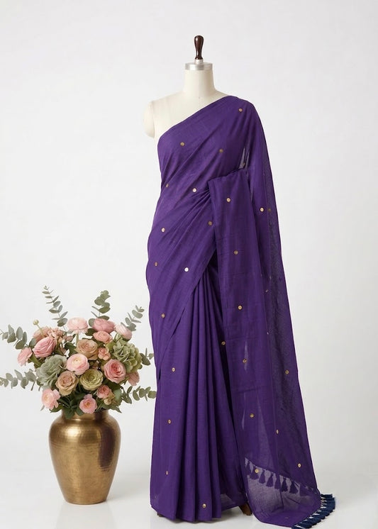 Pure Handloom Mul Cotton Saree – 120 Count Purple With Sequin Motifs