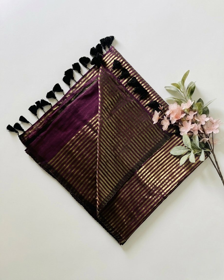 Pure Handloom Mul Cotton 120 Count Purple Saree with Tissue Stripes