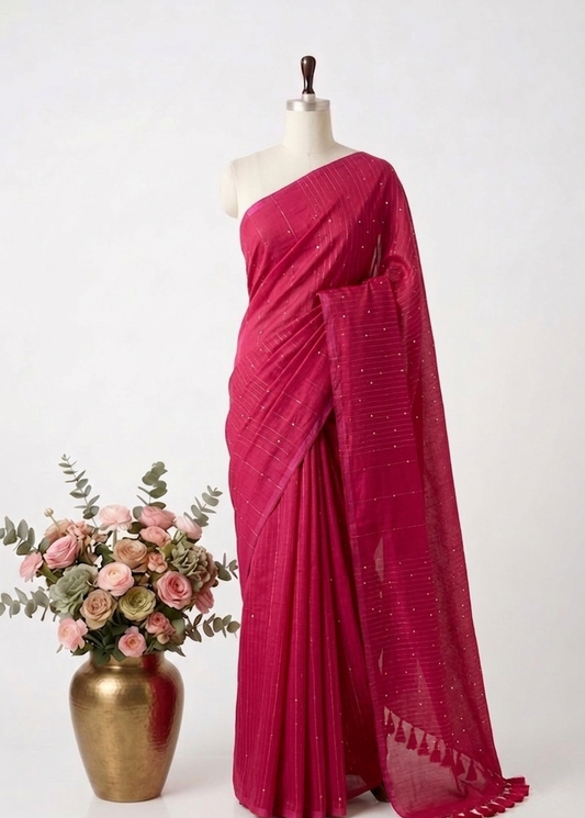 Pure Handloom Mul Cotton 120 Count Rani Pink Sequence Saree