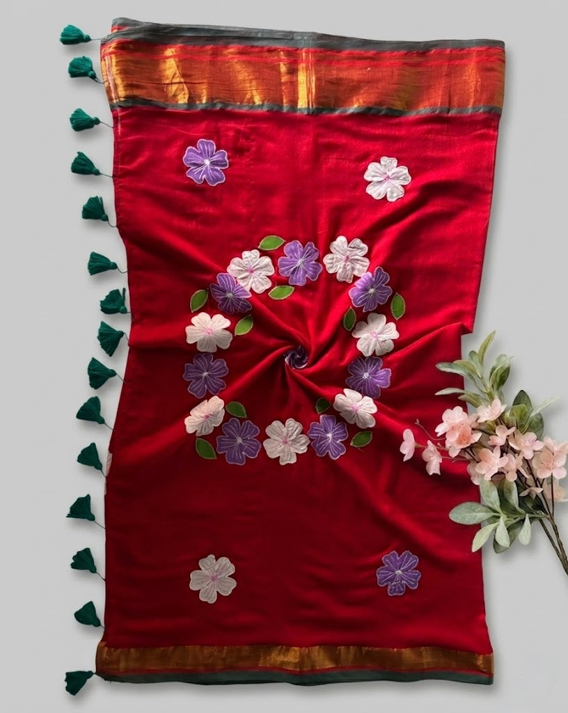 Pure Handloom Mul Cotton 120 Count Red Saree with Floral Applique Work