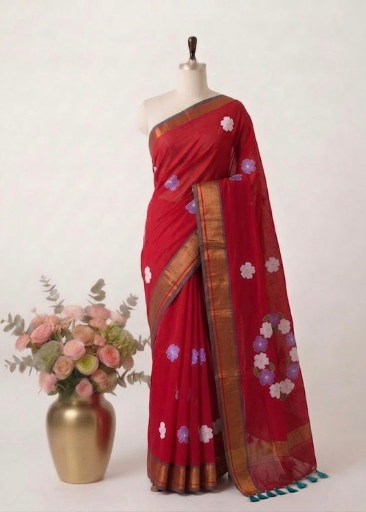 Pure Handloom Mul Cotton 120 Count Red Saree with Floral Applique Work