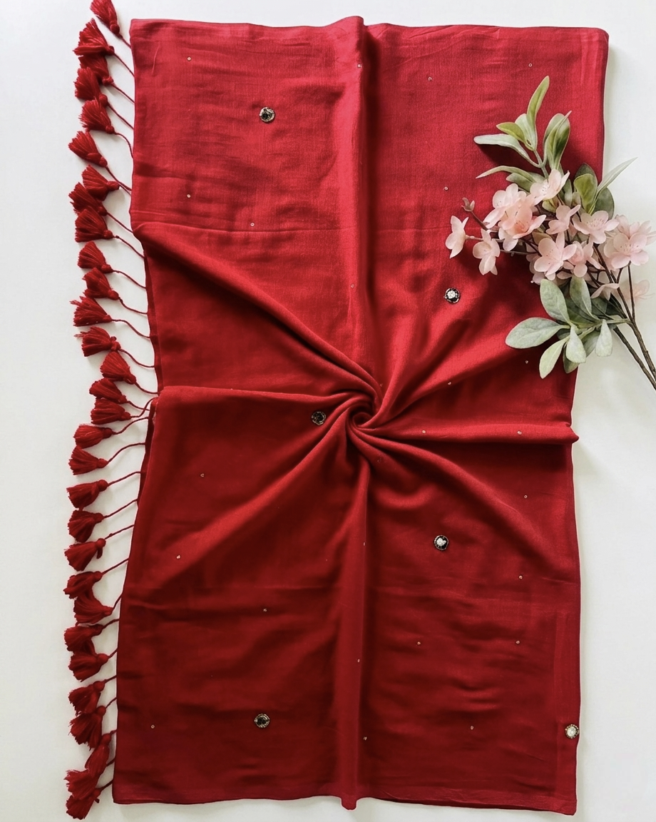 Pure Handloom Mul Cotton 120 count Red Saree with Stone Work