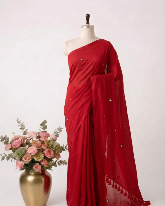 Pure Handloom Mul Cotton 120 count Red Saree with Stone Work