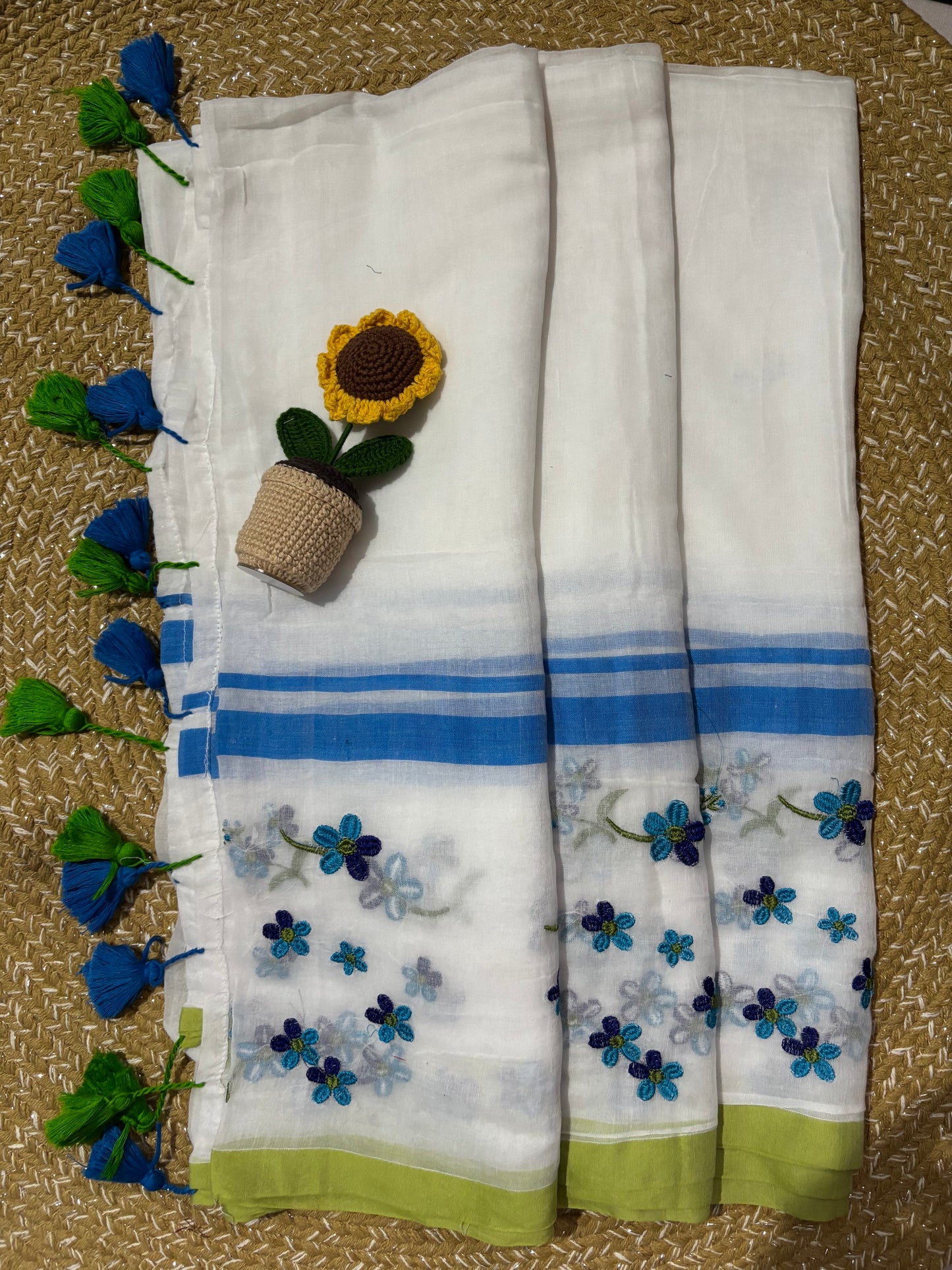 White 120 Count Handloom Mul Cotton Saree | Blue Floral Embroidery