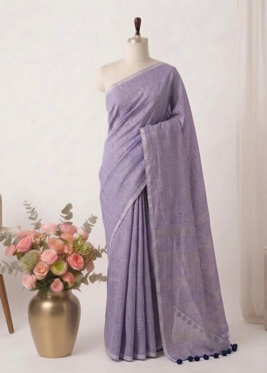 Pure Handloom Lavender Mul Cotton 120 Count Saree with Gold Zari Stripes & Tassel Pallu
