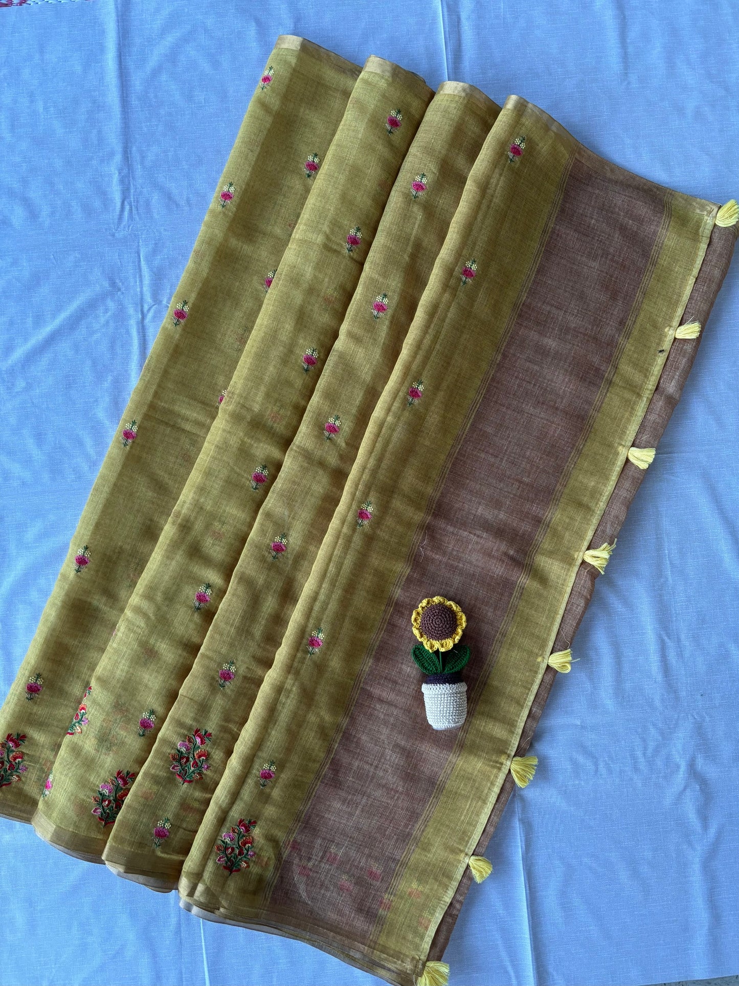 Mustard Yellow Linen Saree with Floral Thread Embroidery & Tassels