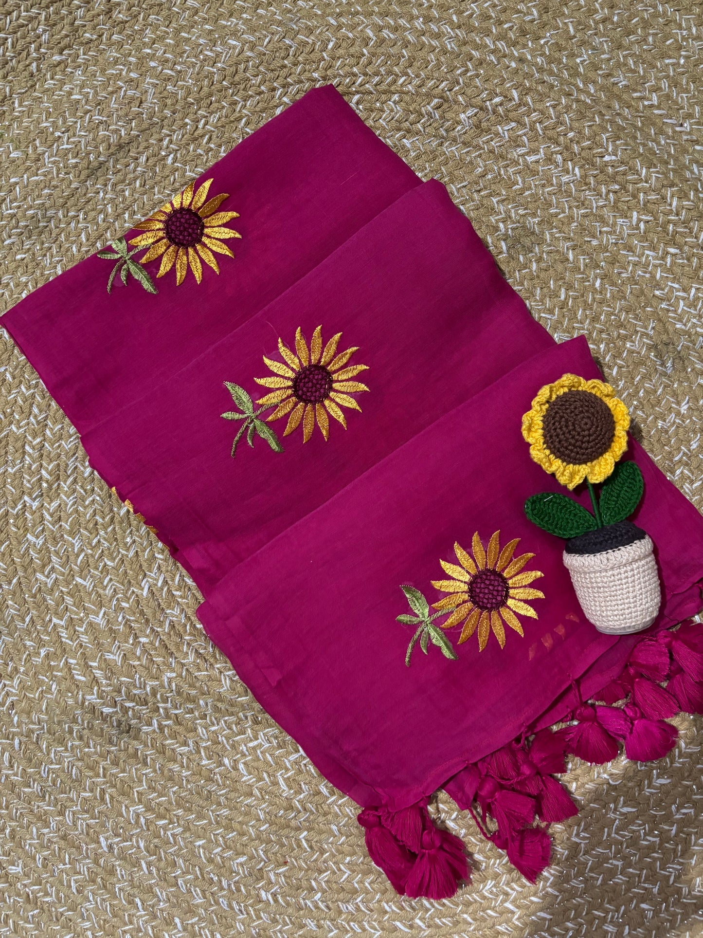 Pink Handloom Mul Cotton Saree | Sunflower Embroidery