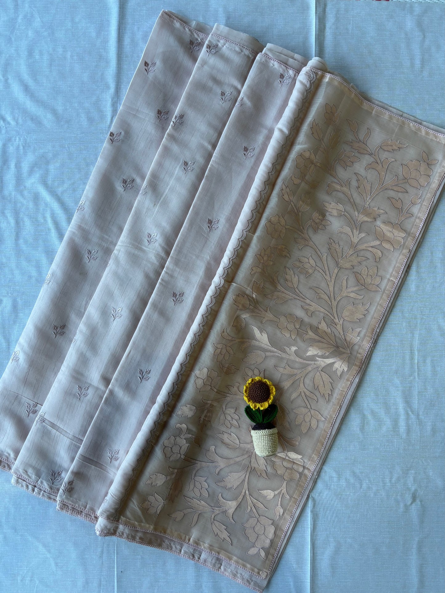 Pink Linen Saree with Sheer Floral Organza Pallu