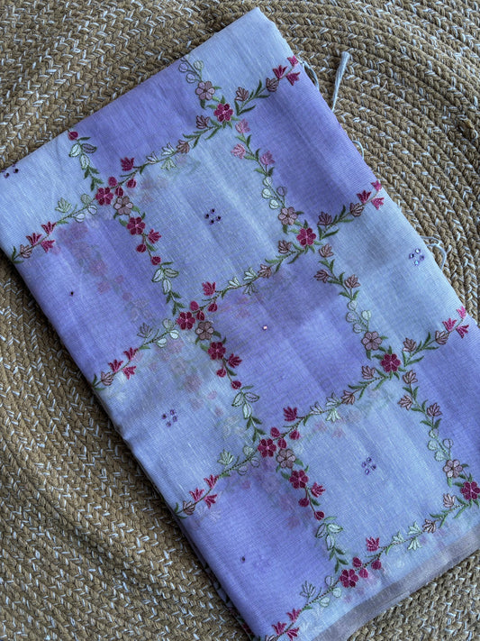 Pink Checkered Linen Tissue Saree with Woven Floral Motif