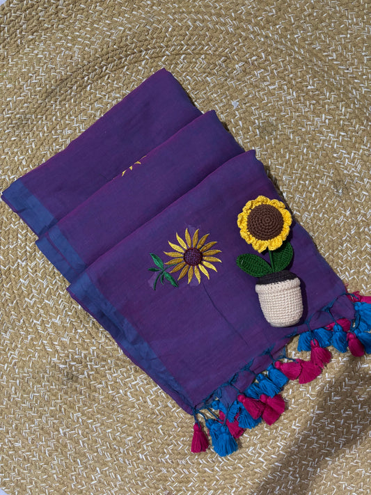 Purple Handloom Mul Cotton Saree | Sunflower Embroidery