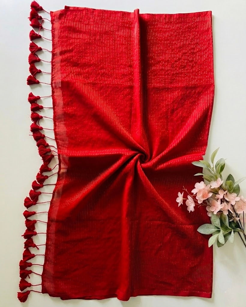 Pure Handloom Red Mul Cotton 120 Count Saree with Gold Zari Stripes & Tassel Pallu