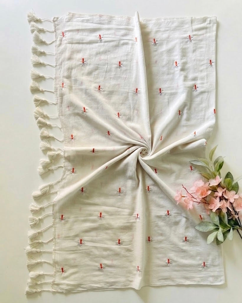 Pure Handloom White Mul Cotton 120 Count Saree with Delicate Floral Embroidery
