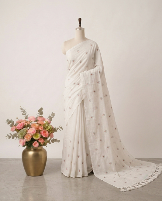 Pure Handloom White Mul Cotton 120 Count Saree with Delicate Floral Embroidery
