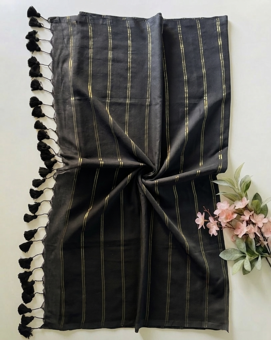Pure Handloom Black Mul Cotton 120 Count Saree with Gold Zari Stripes