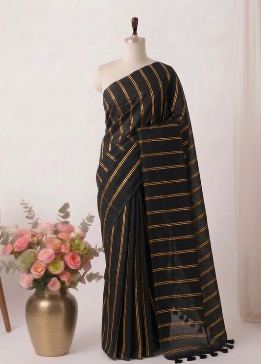 Pure Handloom Black Mul Cotton 120 Count Saree with Gold Zari Stripes
