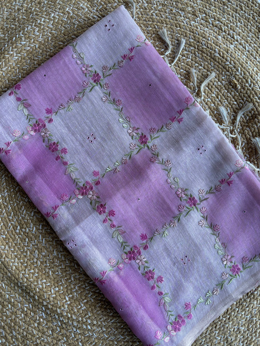Pink Checkered Linen Tissue Saree with Woven Floral Motif
