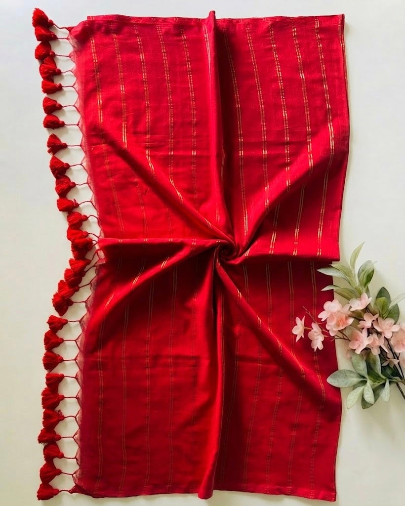 Pure Handloom Red Mul Cotton 120 Count Saree with Gold Zari Stripes