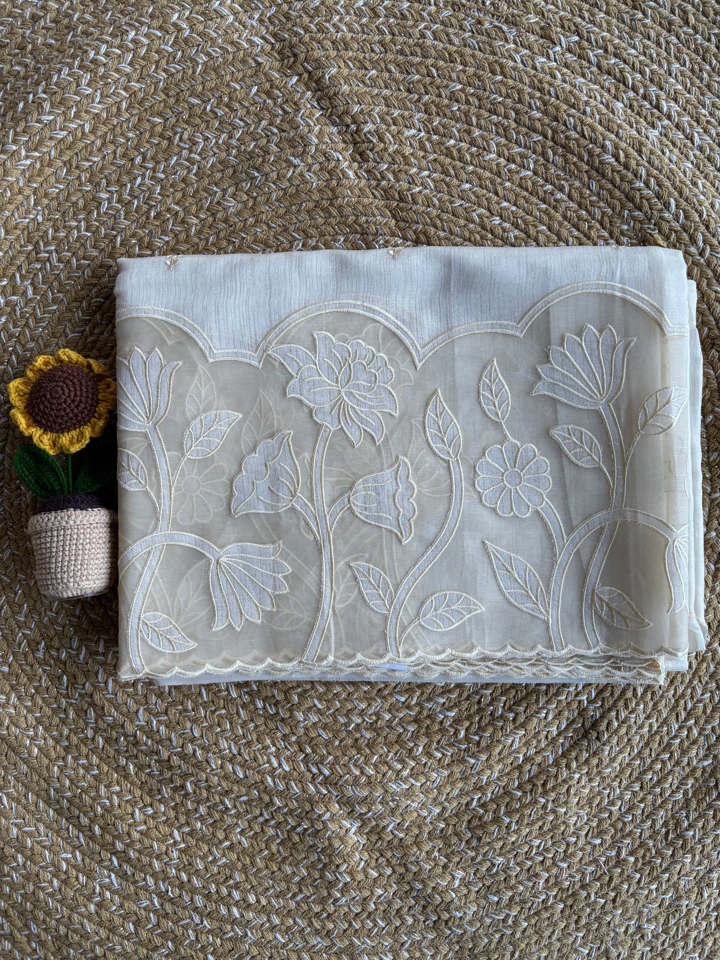 Beige Linen Saree with Organza Floral Cutwork Border & Pallu