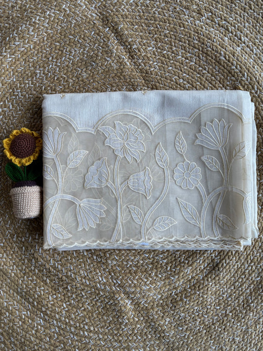 Beige Linen Saree with Organza Floral Cutwork Border & Pallu