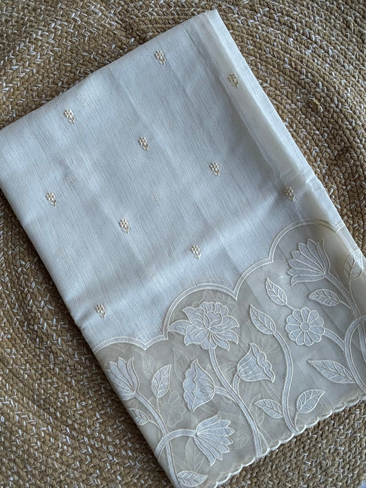 Beige Linen Saree with Organza Floral Cutwork Border & Pallu