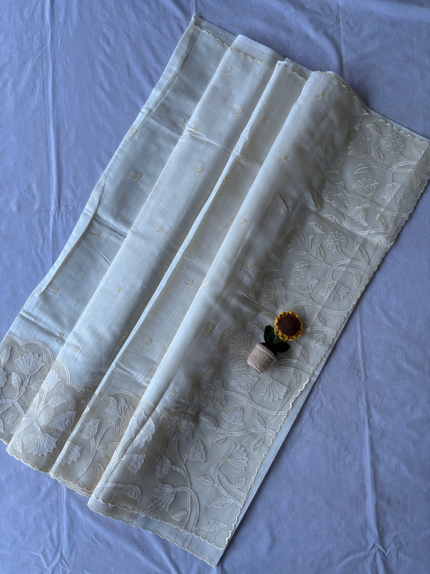 Beige Linen Saree with Organza Floral Cutwork Border & Pallu