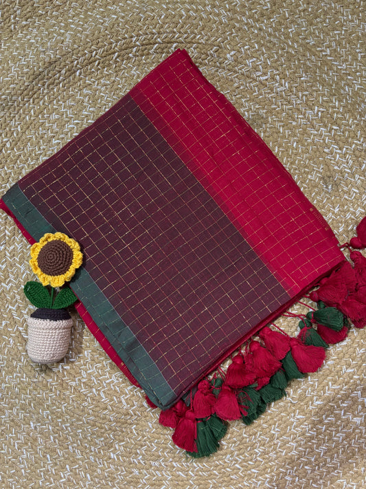 Dual Tone Maroon & Red Handloom Mul Cotton Saree | Zari Checks