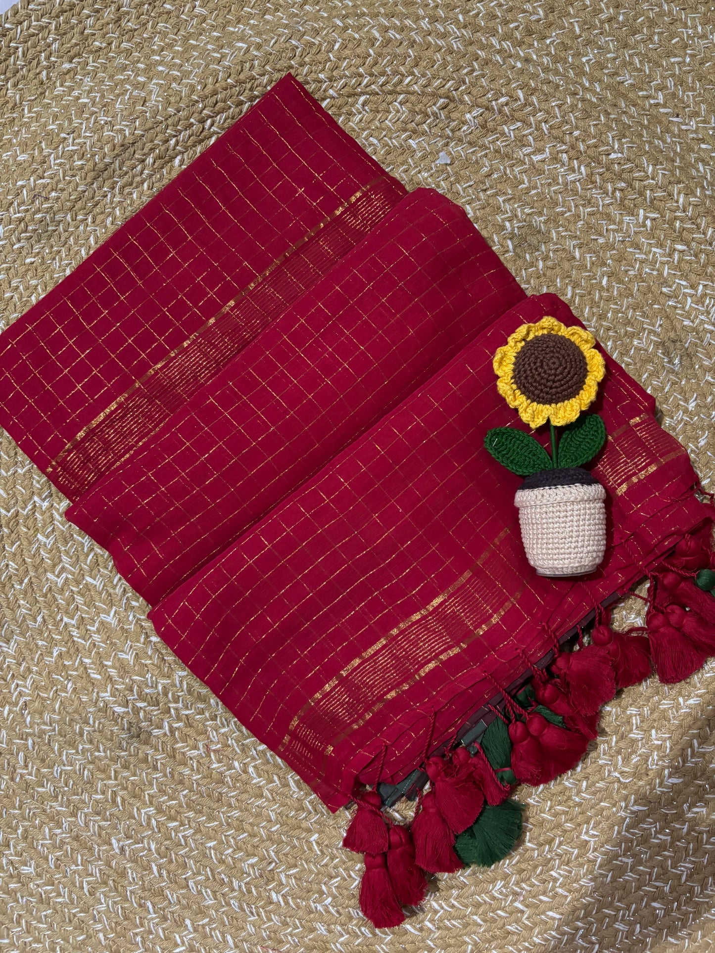 Dual Tone Maroon & Red Handloom Mul Cotton Saree | Zari Checks