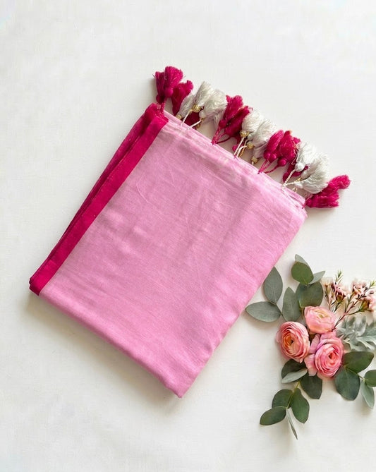 Pure Handloom  Mul Cotton Baby Pink Plain 120 Count Saree