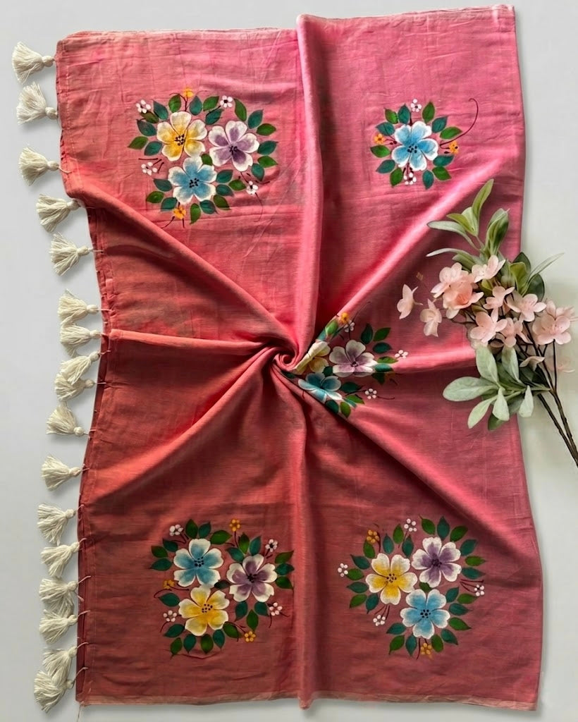 Pure Handloom Mul Cotton 120 Count Dusty Rose Pink Handpainted Saree